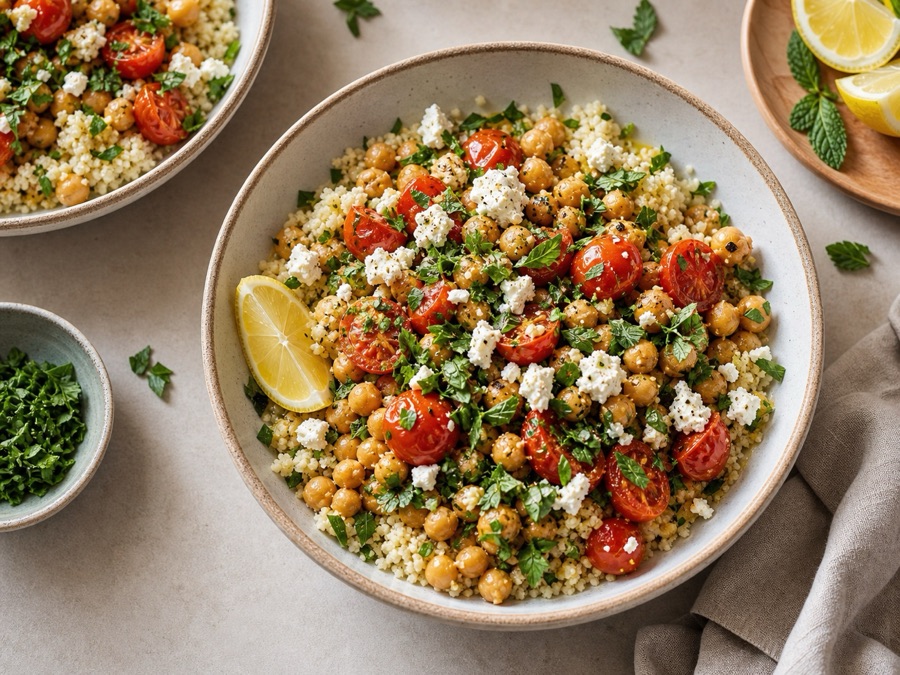 Chickpea tomato couscous bowls with herbs and feta