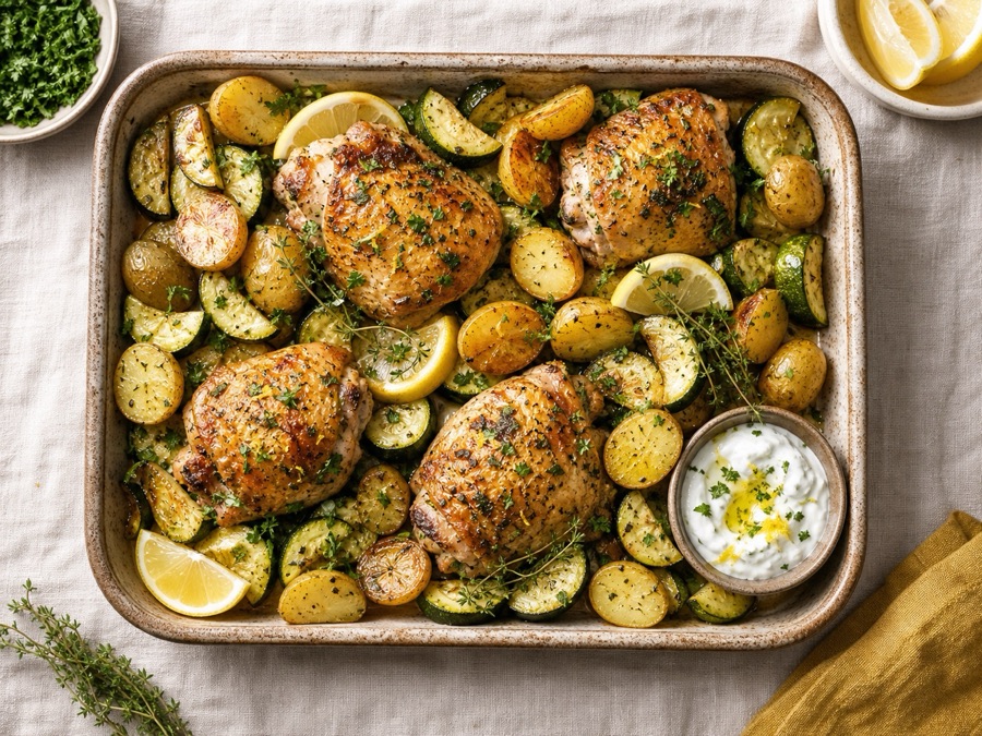 Lemon herb chicken tray bake with potatoes, zucchini, and a yogurt dip