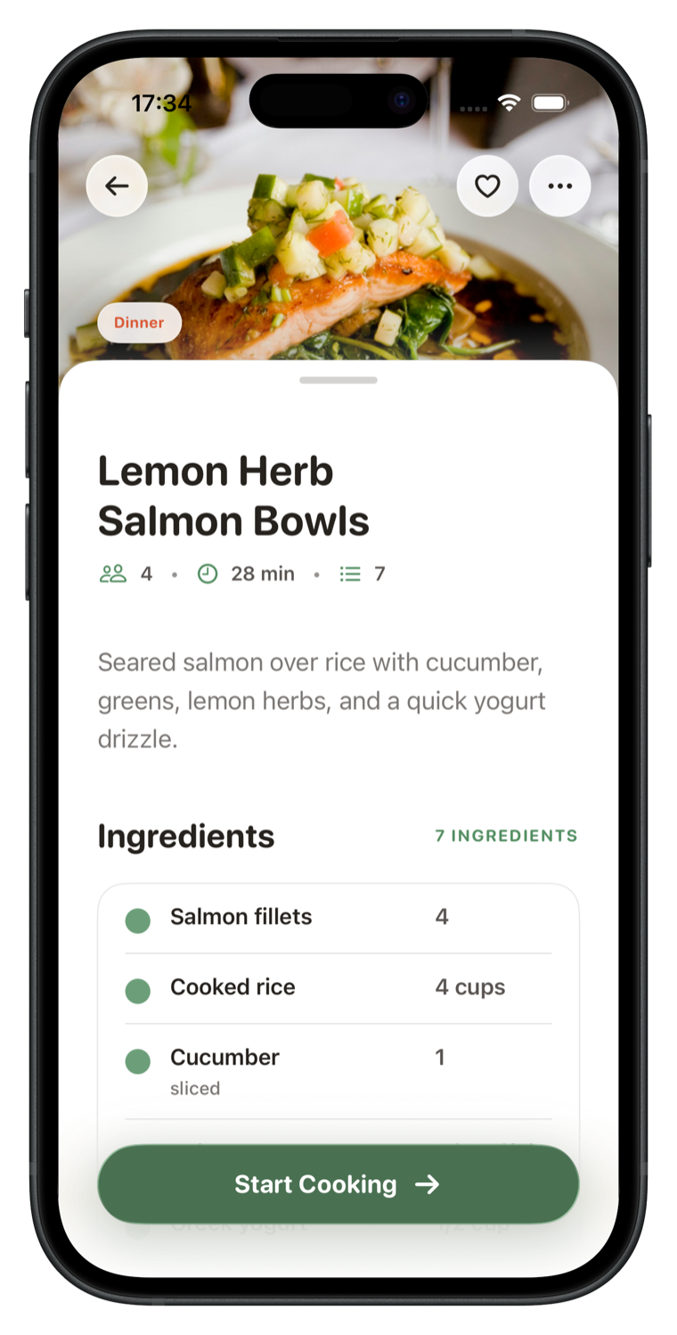 Recipe detail screen with salmon bowl ingredients and start cooking button.