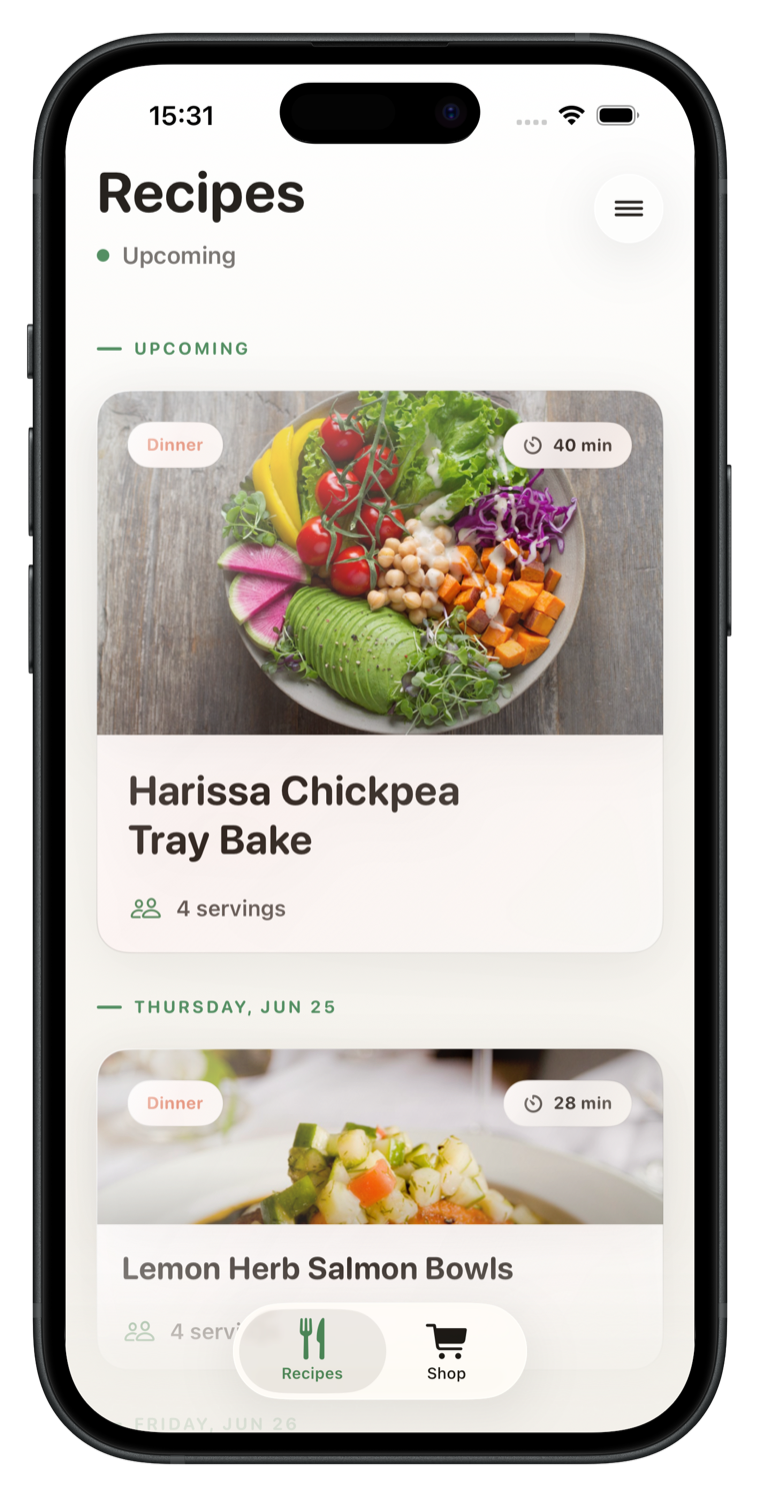 Uunara recipes screen with the upcoming dinners