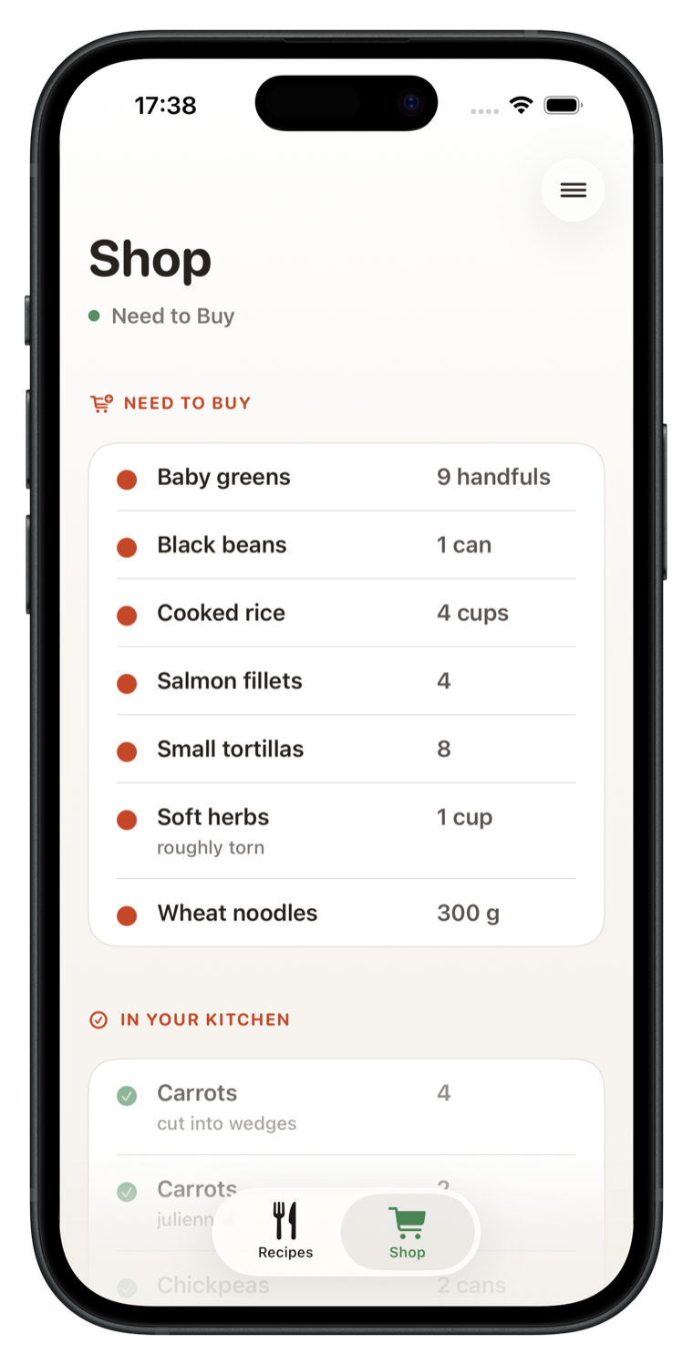 Uunara shopping list split into what to buy and what is already in the kitchen